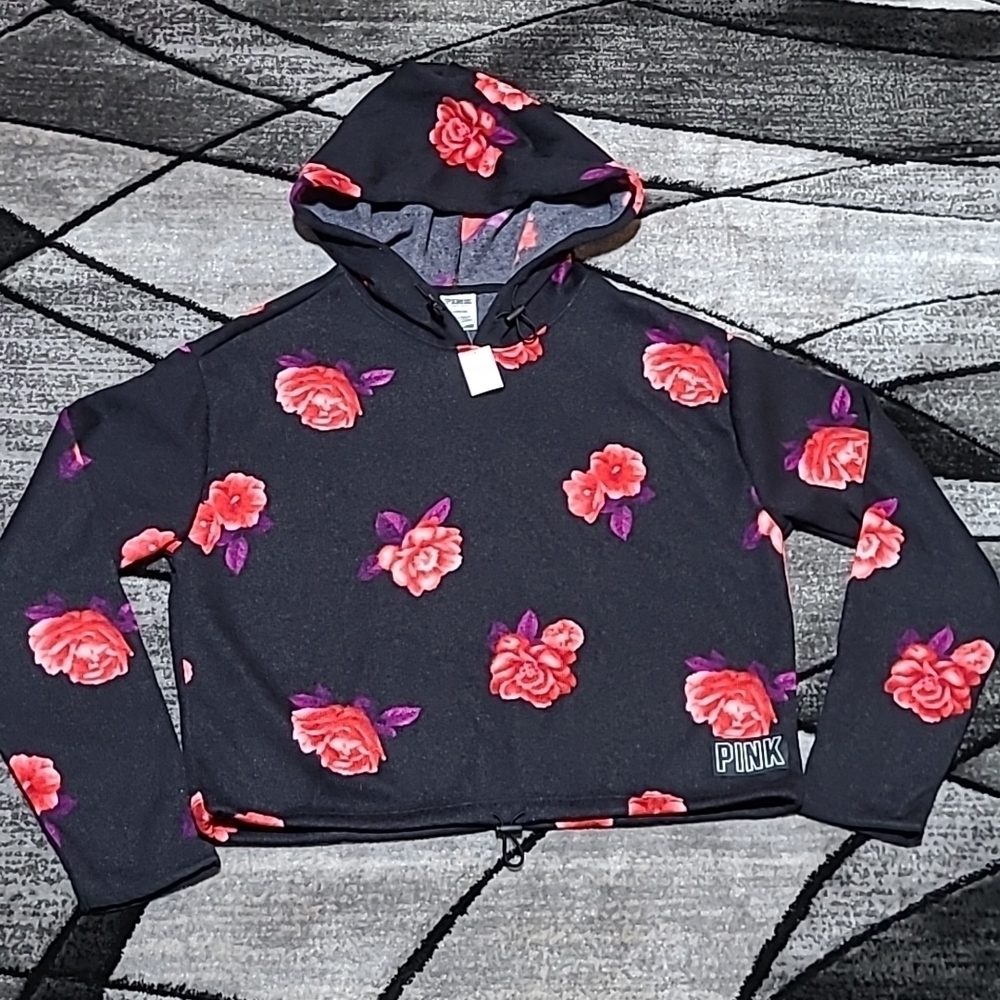 VS PINK Floral Design Crop Knit Sweater Hoodie Drawstring Shirt